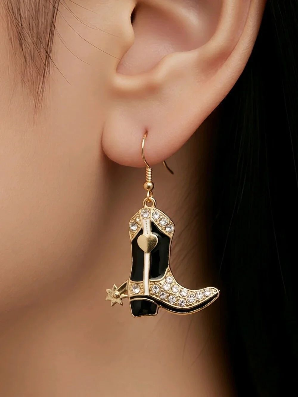 Cowboy Boot Rhinestone Earrings Black Gold Spur Cowgirl Jewelry Western Dangle